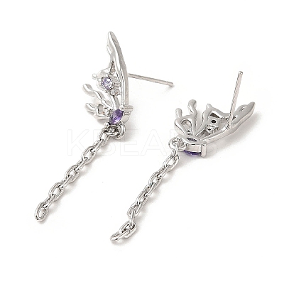 Purple Cubic Zirconia Butterfly Dangle Stud Earring EJEW-H092-09P-1