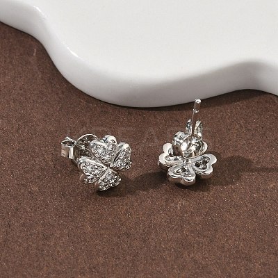 Clover Brass Micro Pave Clear Cubic Zirconia Stud Earrings EJEW-F383-09P-1