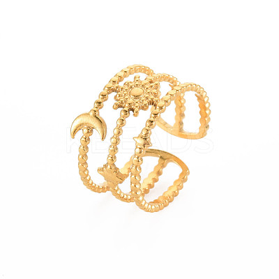 Ion Plating(IP) 304 Stainless Steel Sun and Moon Open Cuff Ring for Women RJEW-S405-152G-1
