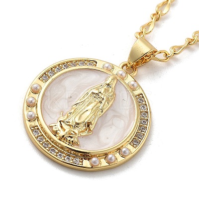 Flat Round with Virgin Mary Brass Micro Pave Cubic Zirconia Pendant Necklaces NJEW-S385-03A-G-1