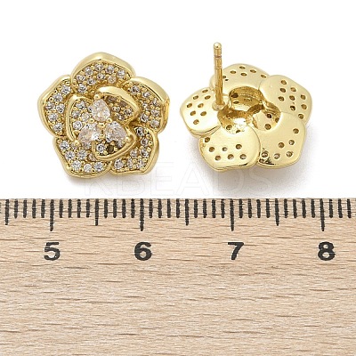 Flower Brass Micro Pave Clear Cubic Zirconia Stud Earrings EJEW-M082-19G-1