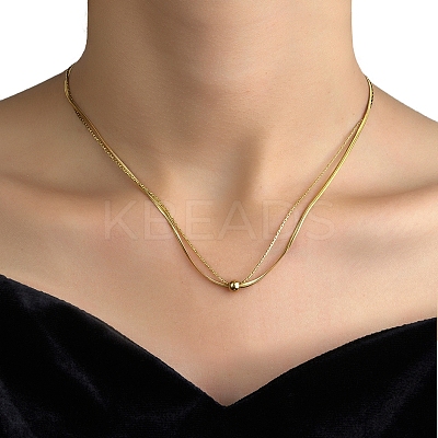 201 Stainless Steel Double Layer Necklace with Round Ball Beaded for Women NJEW-D055-01G-1