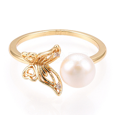 Natural Pearl Open Cuff Ring Micro Pave Clear Cubic Zirconia PEAR-N022-C06-1