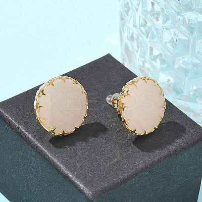 304 Stainless Steel Rose Quartz Flat Round Stud Earrings for Women EJEW-R010-01G-02-1