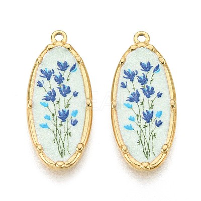 Printed Style 304 Stainless Steel Oval with Flower Pattern Pendants STAS-T071-27A-G-1