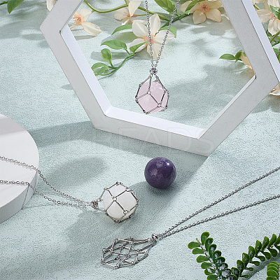 2Pcs Brass Macrame Pouch Natural Quartz Crystal Round Inside Pendant Necklaces NJEW-PH01599-1