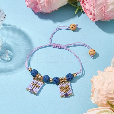 Natural Lava Rock & Natural Amethyst & Glass Seed Beaded Braided Bracelets BJEW-MZ00063-03-1