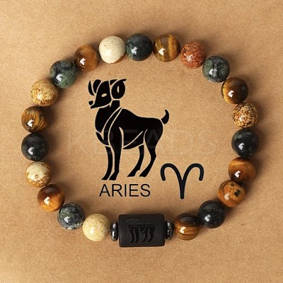 Twelve Constellations Natural Tiger Eye & Picture Jasper & Rhyolite Jasper Round & Column Beaded Stretch Bracelets for Women Men WG6FA5D-03-1