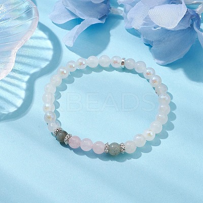 6.5mm Round Natural Labradorite & Rose Quartz & Electroplated White Moonstone Beaded Stretch Bracelets for Women Men BJEW-JB10478-1