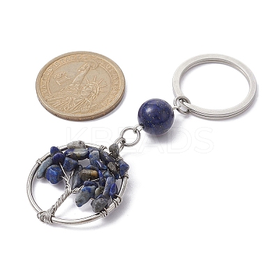 Natural Lapis Lazuli Chips Flat Round with Tree of Life Kcychain KEYC-JKC00563-01-1