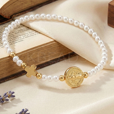 Adjustable White Round Imitation Pearl and Brass Cross Saint Benedict Beaded Bracelets MA5671-1