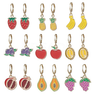 9 Pairs 9 Styles Alloy Enamel Banana Strawberry Grapes Fruit Dangle Leverback Earrings EJEW-JE06557-1