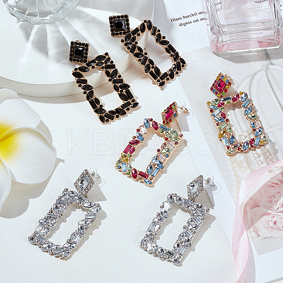 3 Pairs 3 Colors Rhinestone Hollow Out Rectangle Dangle Stud Earrings EJEW-FI0001-12-1
