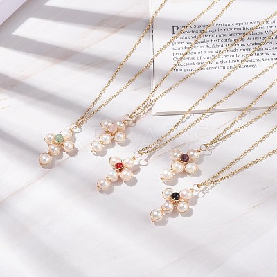 Natural Gemstone & Pearl Braided Cross Pendant Necklace NJEW-JN03920-1