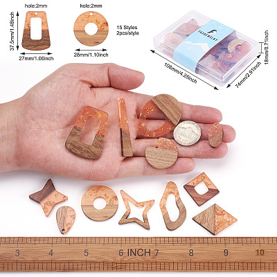 30Pcs 15 Style Transparent Resin & Walnut Wood Pendants RESI-FW0001-04-1