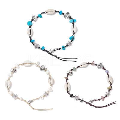 3Pcs 3 Styles Beach Starfish Turtle Synthetic Magnesite & Turquoise & Natural Cowrie Shell Beaded Anklets AJEW-AN00687-1