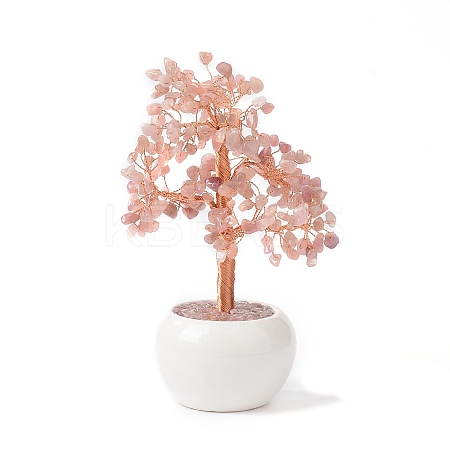 Natural Rose Quartz Chips with Brass Wrapped Wire Money Tree on Ceramic Vase Display Decorations DJEW-B007-02E-1