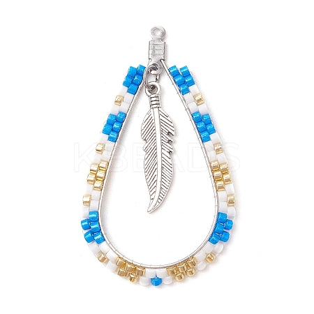 Bohemia Style Glass Seed Beaded Teardrop with Feather Pendants PALLOY-MZ00589-01-1