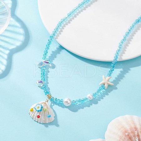 Ocean Natural Shell Copper Wire Wrapped Flower Shell Pendant Faceted Rondelle Glass and Round Shell Pearl Beaded Necklaces NJEW-TA00222-1