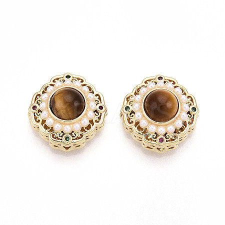 Brass Colorful Cubic Zirconia & Natural Tiger Eye Rhombus Beads KK-N258-13G-1