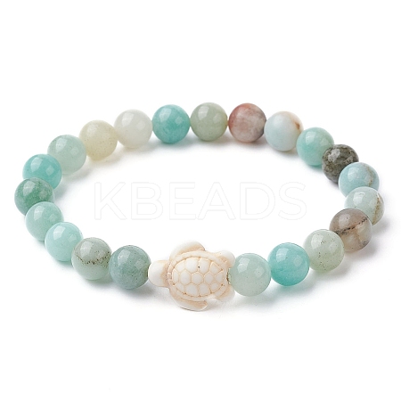 Natural Flower Amazonite Round & Synthetic Turquoise Turtle Beaded Stretch Bracelet for Women BJEW-JB09700-01-1