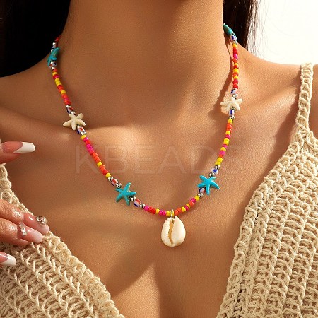 Summer Beach Natural Shell Pendant Glass Seed Beaded Necklaces for Women FS-WGEF253-03-1