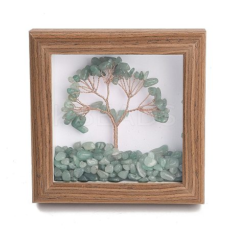 Natural Green Aventurine Chips Tree of Life with Wooden Photo Frame Decorations DJEW-B013-04E-1