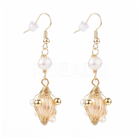 Wire Wrapped Natural Pearl Dangle Earrings EJEW-JE04505-1