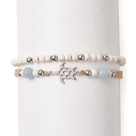 2Pcs 2 Style Synthetic Turquoise(Dyed) & Natural White Jade Braided Bead Bracelets Set BJEW-JB09255-1