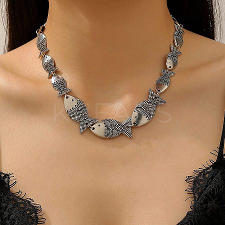 Tibetan Style Alloy Graduated Fish Link Chain Necklaces for Women LS-NJEW-C102-01AS-1