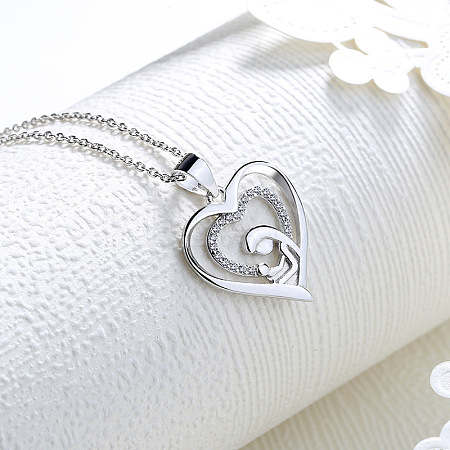Mother's Day Brass Micro Pave Clear Cubic Zirconia Mother and Baby Heart Pendant Necklaces for Women NJEW-C085-01C-P-1