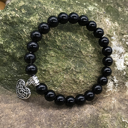 Natural Black Agate Round Beaded Stretch Bracelets DM7312-6-1