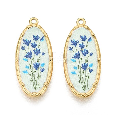 Printed Style 304 Stainless Steel Oval with Flower Pattern Pendants STAS-T071-27A-G-1