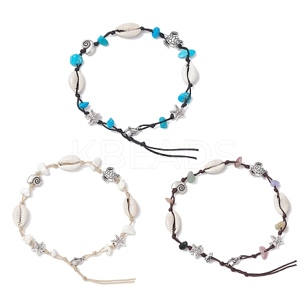 3Pcs 3 Styles Beach Starfish Turtle Synthetic Magnesite & Turquoise & Natural Cowrie Shell Beaded Anklets AJEW-AN00687-1