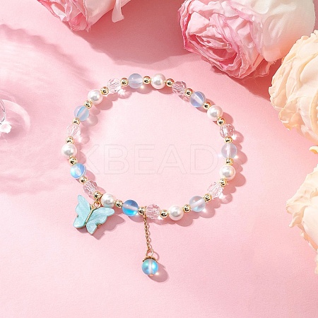 Frosted Dyed Synthetic Moonstone & Shell Pearl Round Beads Stretch Bracelets BJEW-JB11822-02-1
