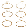 6Pcs 6 Style Brass Twist Rope & Figaro & Paperclip & Curb Chain Bracelets Set for Women BJEW-AN0001-10-1