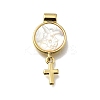 Brass Pave Natural White Shell Flat Round with Cross Pendants KK-C090-40G-06-1