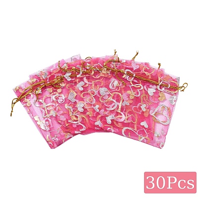 30Pcs Heart Printed Organza Drawstring Bags OP-YW0001-02B-1
