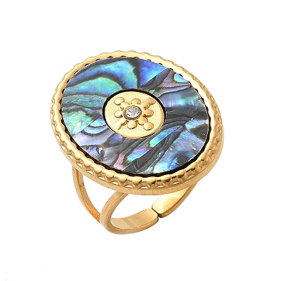 Oval 304 Stainless Steel & Paua Shell & Rhinestone Cuff Rings for Women RJEW-G346-06G-02-1