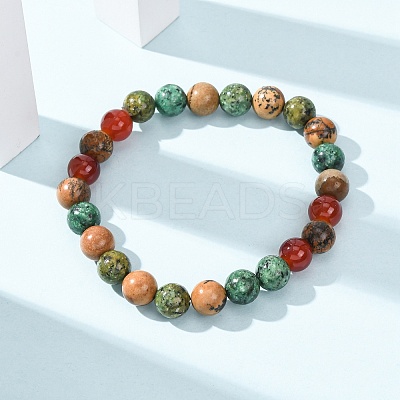 Natural Picture Jasper & African Turquoise & Carnelian Beads Stretch Bracelets for Women Men BJEW-P398-01D-1
