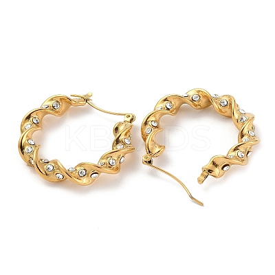 Ion Plating(IP) 304 Stainless Steel Twist Round Hoop Earrings with Rhinestones for Women EJEW-A104-20G-1