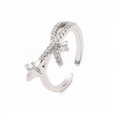 Clear Cubic Zirconia Asterism Open Cuff Ring RJEW-B028-10P-1