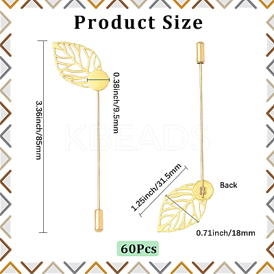60Pcs Leaf Stainless Steel Round Tray Stick Lapel Pins JEWB-SC0001-75C-1