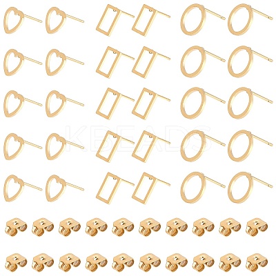 36 Pair 3 Styles 304 Stainless Steel Rectangle & Heart & Flat Round Stud Earrings EJEW-DC0001-10-1