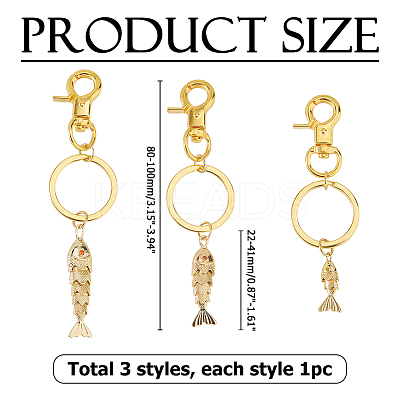 3Pcs Fish Brass Micro Pave Cubic Zirconia Keychains KEYC-HS00006-1