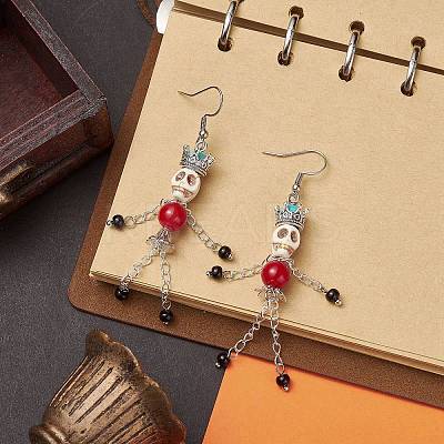 Synthetic Turquoise & Natural Mashan Jade Skeleton Dangle Earrings EJEW-TA00223-1