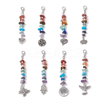 Chakra Natural Red Jasper & South Red Agate & Tiger Eye & Green Aventurine & Amethyst & Lapis Lazuli & Synthetic Turquoise Chips & Alloy Pendant Decorations HJEW-JM03181-1