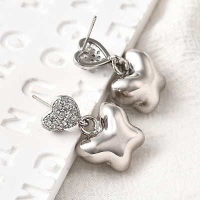 Heart with Butterfly Brass Micro Pave Clear Cubic Zirconia Dangle Stud Earrings EJEW-Z099-01P-1