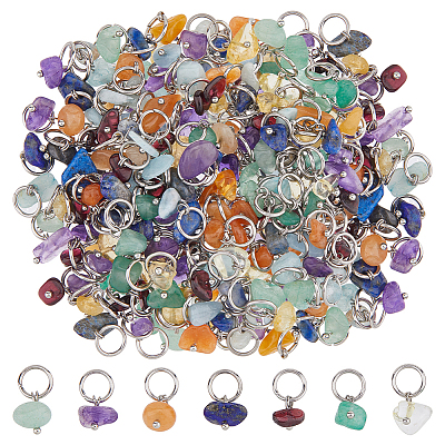 140Pcs 7 Styles Natural Gemstone Chip Charms with Brass Loops PALLOY-FH00120-1