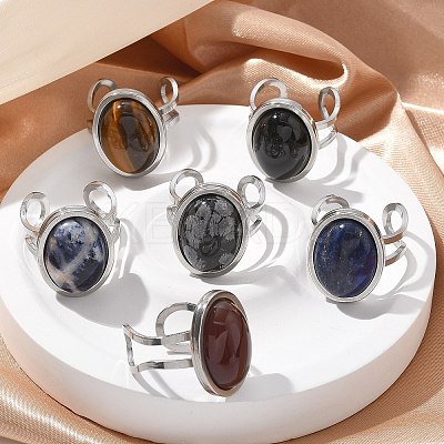 Oval Natural Gemstone Finger Rings RJEW-M062-02P-18-1